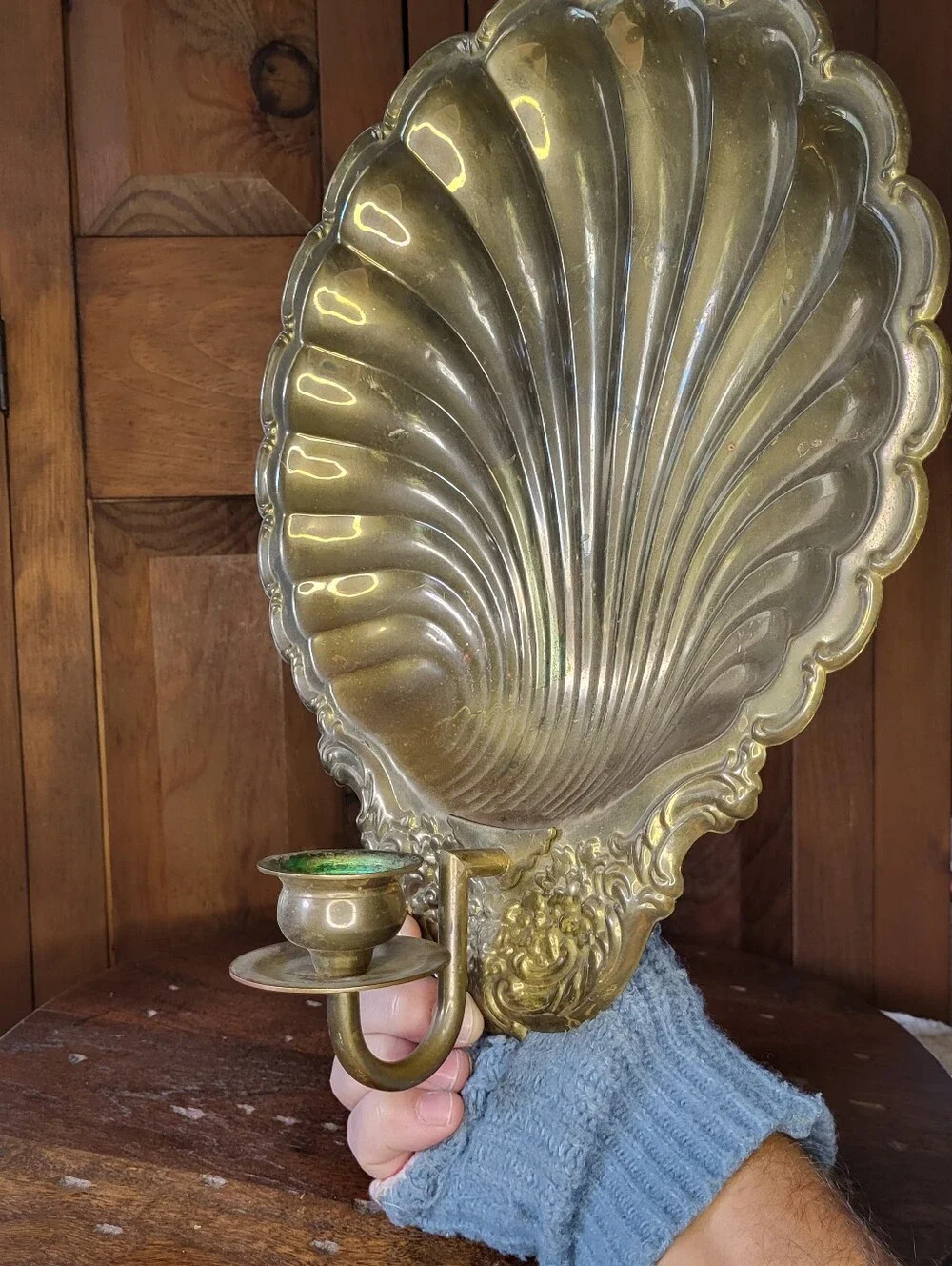 Brass Shell Wall Sconce with Candle Holder